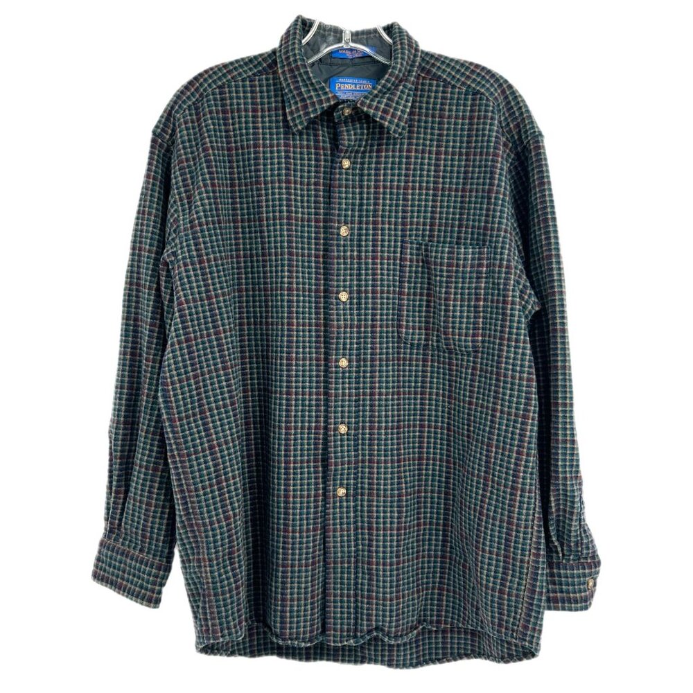 Pendleton Green Blue Wool Plaid Button-Up Shirt |… - image 1